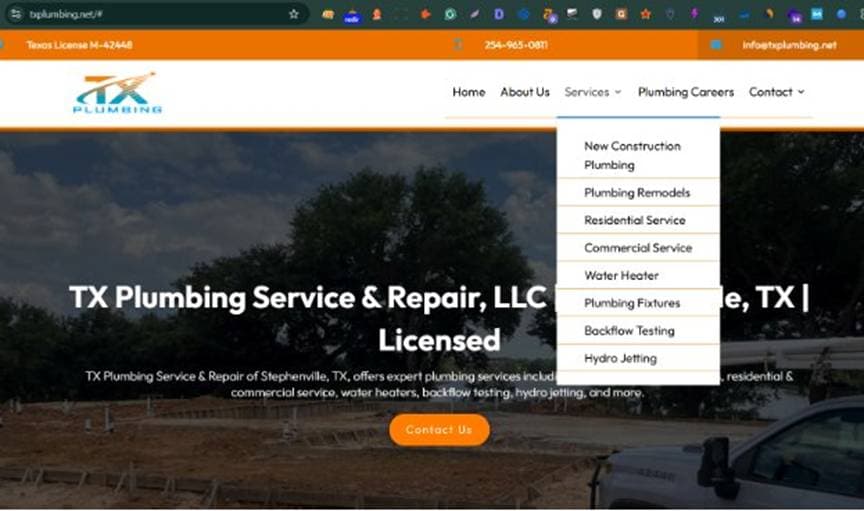 TX Plumbing website showing full service offerings