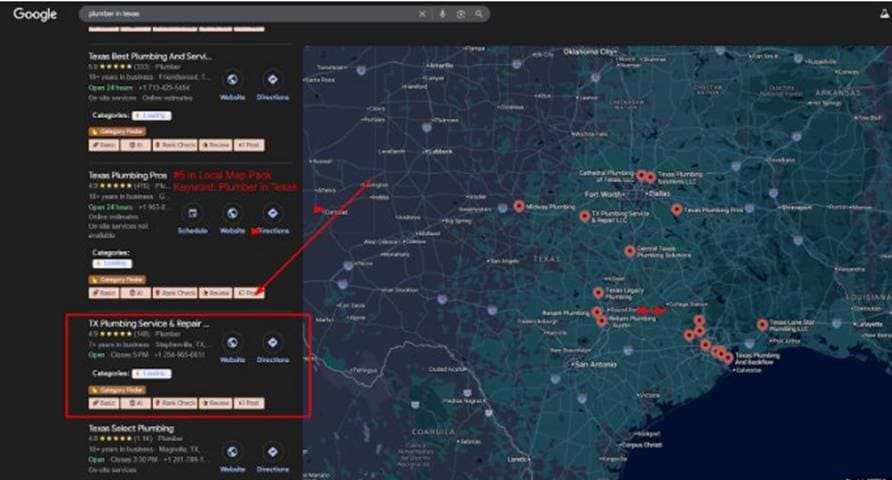 TX Plumbing Service ranking #5 in Google Local Map Pack for plumber in Texas